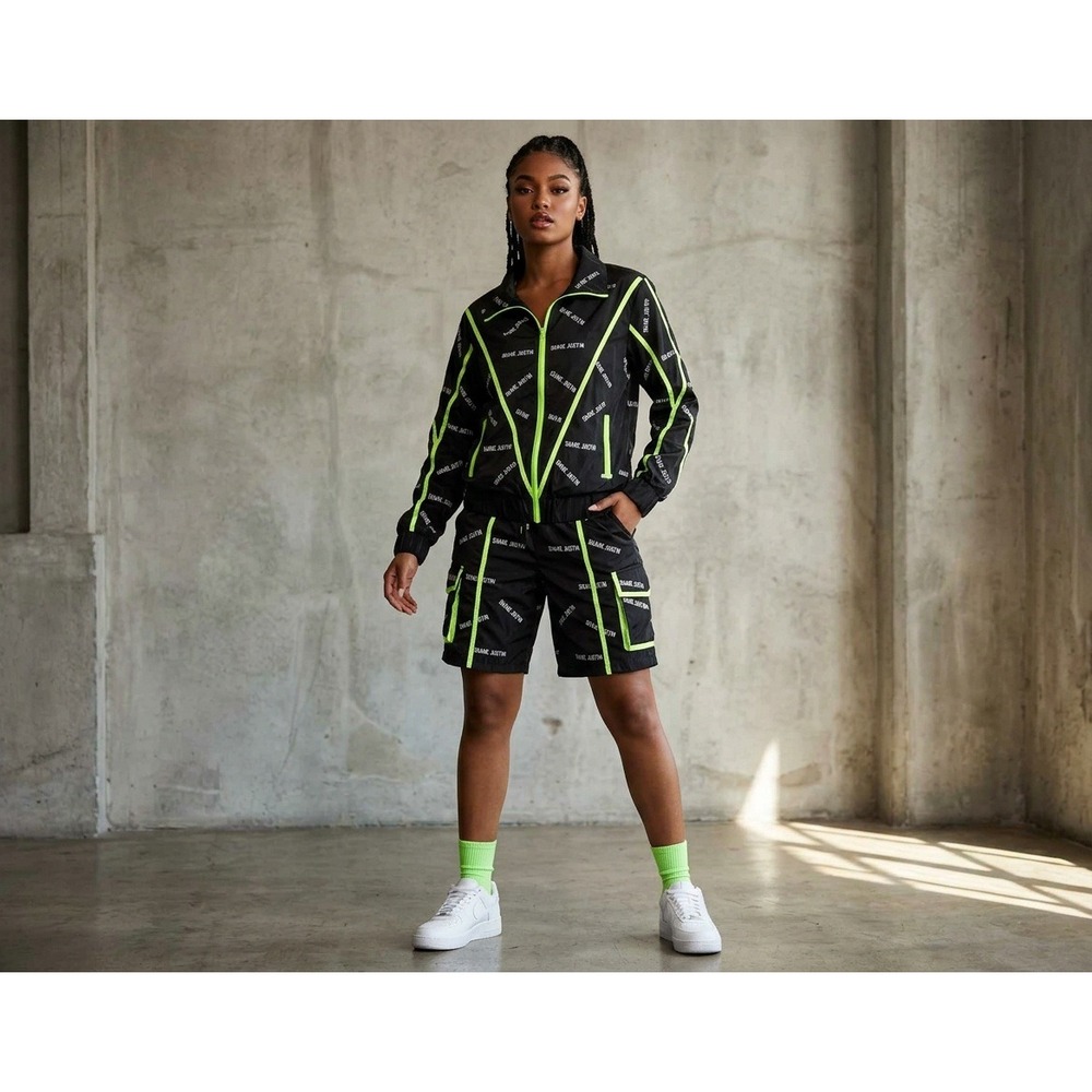 Shane Justin Tracksuit Set Women S Black Neon Green Logo Windbreaker Cargo Short